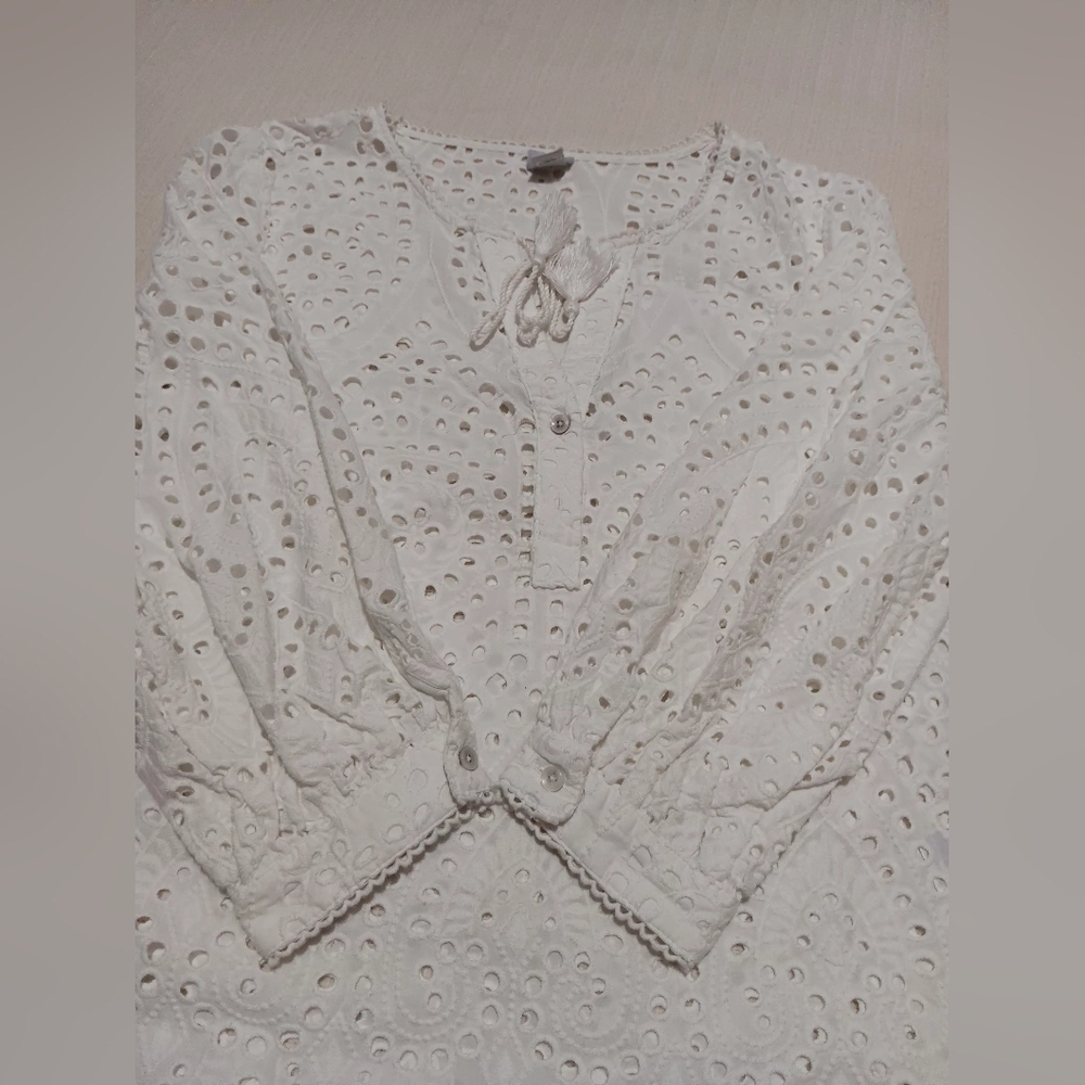 Chicos  Eyelet Tunic Top  White Tassled Cotton Cottagecore Boho Coastal SZ 16/18 - Picture 10 of 10